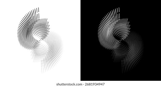 Linhas de ritmo de onda de som espiral abstrata dinâmica. Ritmo de onda de som espiral circular de linhas. Linhas abstratas futuristas circulares, fundo preto e branco.	