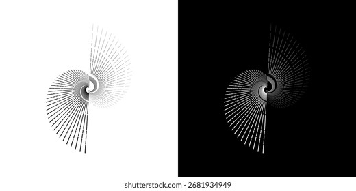 Líneas dinámicas abstractas del ritmo de ondas de sonido en espiral. Onda de sonido circular en espiral con ritmo de líneas. Líneas abstractas futuristas circulares, fondo blanco y negro.	