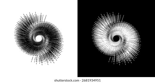 Dynamic abstract spiral sound wave rhythm lines. Circular spiral sound wave rhythm of lines. Circular futuristic abstract lines, black and white background.	
