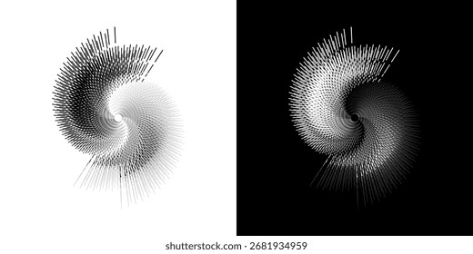 Dynamic abstract spiral sound wave rhythm lines. Circular spiral sound wave rhythm of lines. Circular futuristic abstract lines, black and white background.	