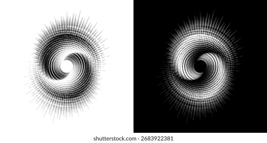 Dynamic abstract spiral sound wave rhythm lines. Circular spiral sound wave rhythm of lines. Circular futuristic abstract lines, black and white background.