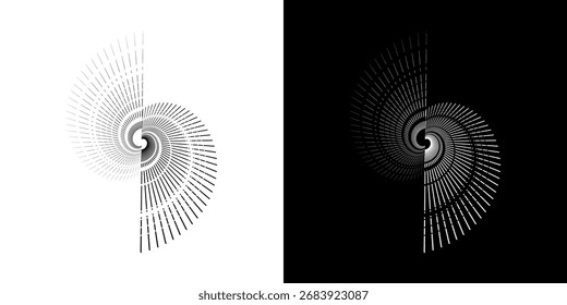 Linhas de ritmo de onda de som espiral abstrata dinâmica. Ritmo de onda de som espiral circular de linhas. Linhas abstratas futuristas circulares, fundo preto e branco.	