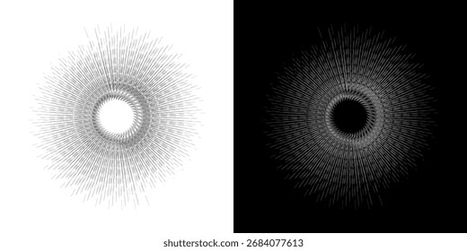 Líneas dinámicas abstractas del ritmo de ondas de sonido en espiral. Onda de sonido circular en espiral con ritmo de líneas. Líneas abstractas futuristas circulares, fondo blanco y negro.
