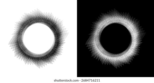 Dynamische abstrakte Spiral-Schallwellen-Rhythmuslinien. Kreisförmige Spirale Schallwelle Rhythmus von Linien. Zirkuläre futuristische abstrakte Linien, schwarz-weißer Hintergrund.	
