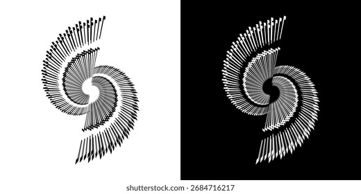 Líneas dinámicas abstractas del ritmo de ondas de sonido en espiral. Onda de sonido circular en espiral con ritmo de líneas. Líneas abstractas futuristas circulares, fondo blanco y negro.	
