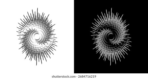 Linhas de ritmo de onda de som espiral abstrata dinâmica. Ritmo de onda de som espiral circular de linhas. Linhas abstratas futuristas circulares, fundo preto e branco.	
