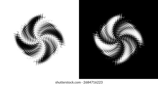 Líneas dinámicas abstractas del ritmo de ondas de sonido en espiral. Onda de sonido circular en espiral con ritmo de líneas. Líneas abstractas futuristas circulares, fondo blanco y negro.	
