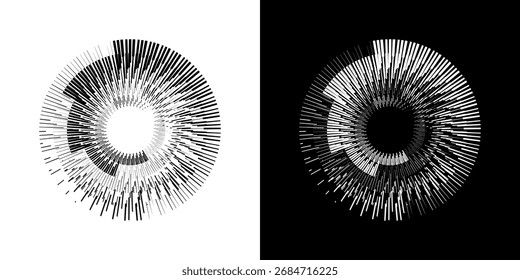 Linhas de ritmo de onda de som espiral abstrata dinâmica. Ritmo de onda de som espiral circular de linhas. Linhas abstratas futuristas circulares, fundo preto e branco.	
