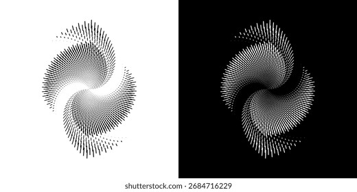 Dynamic abstract spiral sound wave rhythm lines. Circular spiral sound wave rhythm of lines. Circular futuristic abstract lines, black and white background.	

