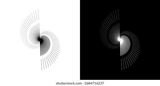 Líneas dinámicas abstractas del ritmo de ondas de sonido en espiral. Onda de sonido circular en espiral con ritmo de líneas. Líneas abstractas futuristas circulares, fondo blanco y negro.	
