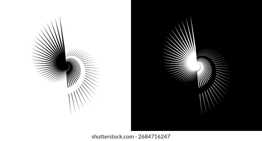 Líneas dinámicas abstractas del ritmo de ondas de sonido en espiral. Onda de sonido circular en espiral con ritmo de líneas. Líneas abstractas futuristas circulares, fondo blanco y negro.	
