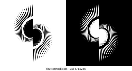 Líneas dinámicas abstractas del ritmo de ondas de sonido en espiral. Onda de sonido circular en espiral con ritmo de líneas. Líneas abstractas futuristas circulares, fondo blanco y negro.	
