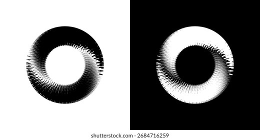 Dynamic abstract spiral sound wave rhythm lines. Circular spiral sound wave rhythm of lines. Circular futuristic abstract lines, black and white background.	
