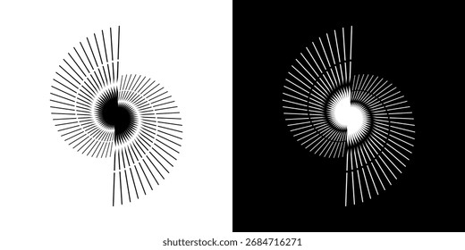 Líneas dinámicas abstractas del ritmo de ondas de sonido en espiral. Onda de sonido circular en espiral con ritmo de líneas. Líneas abstractas futuristas circulares, fondo blanco y negro.	
