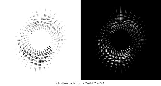 Dynamic abstract spiral sound wave rhythm lines. Circular spiral sound wave rhythm of lines. Circular futuristic abstract lines, black and white background.