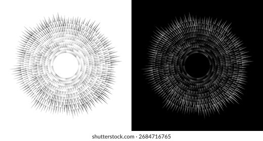 Líneas dinámicas abstractas del ritmo de ondas de sonido en espiral. Onda de sonido circular en espiral con ritmo de líneas. Líneas abstractas futuristas circulares, fondo blanco y negro.