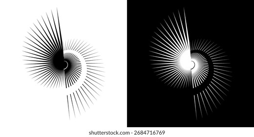 Líneas dinámicas abstractas del ritmo de ondas de sonido en espiral. Onda de sonido circular en espiral con ritmo de líneas. Líneas abstractas futuristas circulares, fondo blanco y negro.
