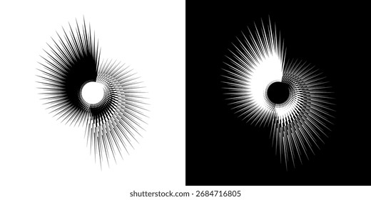 Líneas dinámicas abstractas del ritmo de ondas de sonido en espiral. Onda de sonido circular en espiral con ritmo de líneas. Líneas abstractas futuristas circulares, fondo blanco y negro.