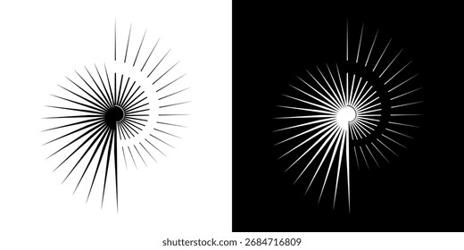 Linhas de ritmo de onda de som espiral abstrata dinâmica. Ritmo de onda de som espiral circular de linhas. Linhas abstratas futuristas circulares, fundo preto e branco.