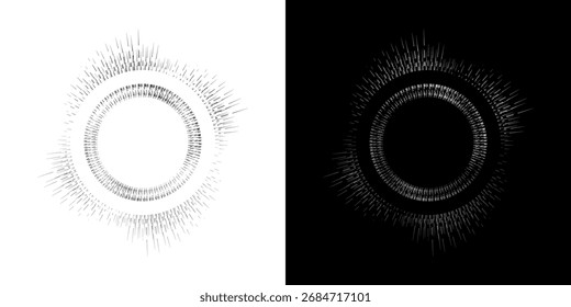 Dynamic abstract spiral sound wave rhythm lines. Circular spiral sound wave rhythm of lines. Circular futuristic abstract lines, black and white background.	
