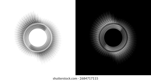 Dynamic abstract spiral sound wave rhythm lines. Circular spiral sound wave rhythm of lines. Circular futuristic abstract lines, black and white background.	
