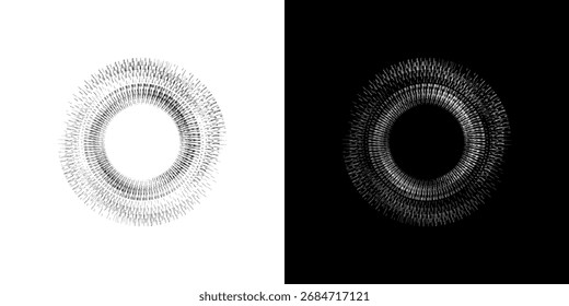 Líneas dinámicas abstractas del ritmo de ondas de sonido en espiral. Onda de sonido circular en espiral con ritmo de líneas. Líneas abstractas futuristas circulares, fondo blanco y negro.	
