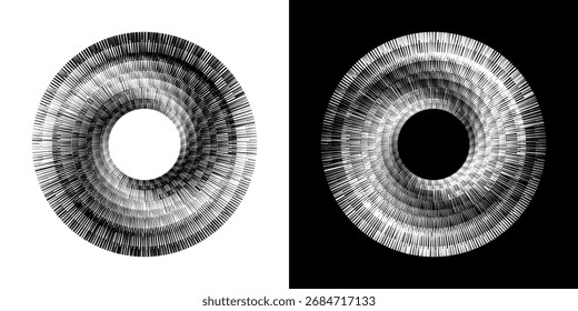Dynamic abstract spiral sound wave rhythm lines. Circular spiral sound wave rhythm of lines. Circular futuristic abstract lines, black and white background.	
