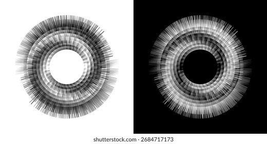 Dynamic abstract spiral sound wave rhythm lines. Circular spiral sound wave rhythm of lines. Circular futuristic abstract lines, black and white background.	
