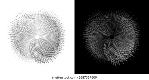 Dynamic abstract spiral sound wave rhythm lines. Circular spiral sound wave rhythm of lines. Circular futuristic abstract lines, black and white background.	