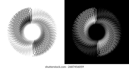 Linhas de ritmo de onda de som espiral abstrata dinâmica. Ritmo de onda de som espiral circular de linhas. Linhas abstratas futuristas circulares, fundo preto e branco.	