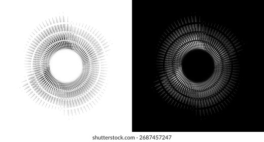 Linhas de ritmo de onda de som espiral abstrata dinâmica. Ritmo de onda de som espiral circular de linhas. Linhas abstratas futuristas circulares, fundo preto e branco.
