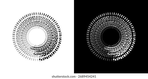 Linhas de ritmo de onda de som espiral abstrata dinâmica. Ritmo de onda de som espiral circular de linhas. Linhas abstratas futuristas circulares, fundo preto e branco.	