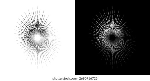 Dynamic abstract spiral sound wave rhythm lines. Circular spiral sound wave rhythm of lines. Circular futuristic abstract lines, black and white background.