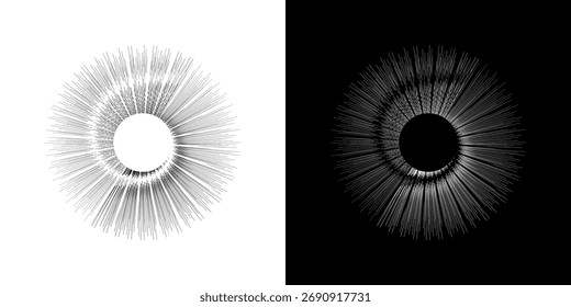 Dynamic abstract spiral sound wave rhythm lines. Circular spiral sound wave rhythm of lines. Circular futuristic abstract lines, black and white background.