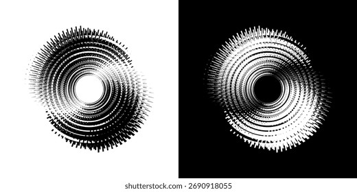Dynamic abstract spiral sound wave rhythm lines. Circular spiral sound wave rhythm of lines. Circular futuristic abstract lines, black and white background.