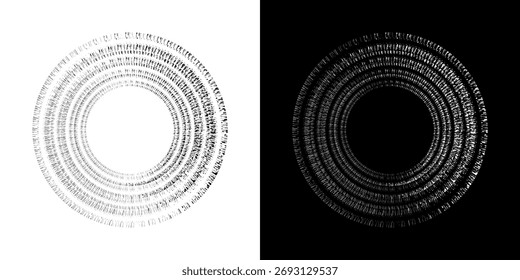 Dynamic abstract spiral sound wave rhythm lines. Circular spiral sound wave rhythm of lines. Circular futuristic abstract lines, black and white background.