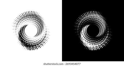 Dynamic abstract spiral sound wave rhythm lines. Circular spiral sound wave rhythm of lines. Circular futuristic abstract lines, black and white background.	
