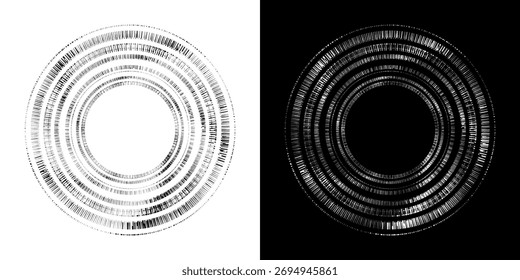 Linhas de ritmo de onda de som espiral abstrata dinâmica. Ritmo de onda de som espiral circular de linhas. Linhas abstratas futuristas circulares, fundo preto e branco.
