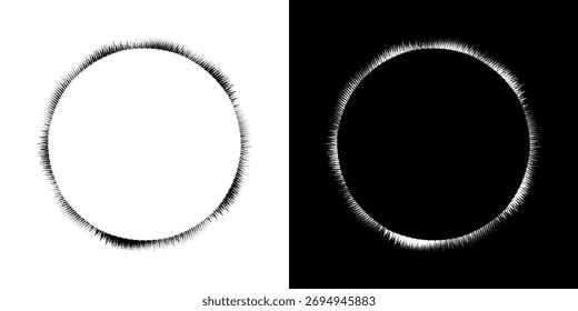 Dynamic abstract spiral sound wave rhythm lines. Circular spiral sound wave rhythm of lines. Circular futuristic abstract lines, black and white background.
