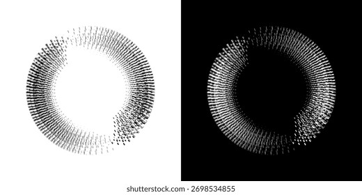 Dynamic abstract spiral sound wave rhythm lines. Circular spiral sound wave rhythm of lines. Circular futuristic abstract lines, black and white background.	
