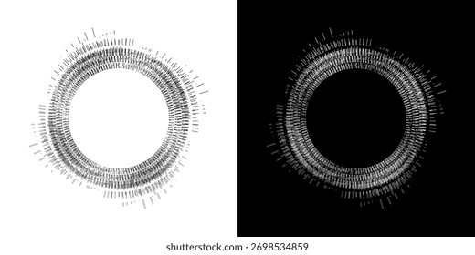 Dynamic abstract spiral sound wave rhythm lines. Circular spiral sound wave rhythm of lines. Circular futuristic abstract lines, black and white background.	
