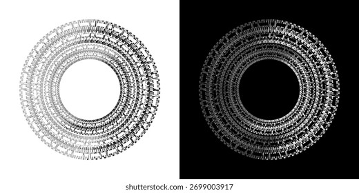 Linhas de ritmo de onda de som espiral abstrata dinâmica. Ritmo de onda de som espiral circular de linhas. Linhas abstratas futuristas circulares, fundo preto e branco.	