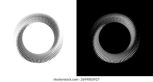 Dynamic abstract spiral sound wave rhythm lines. Circular spiral sound wave rhythm of lines. Circular futuristic abstract lines, black and white background.	