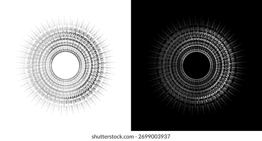 Linhas de ritmo de onda de som espiral abstrata dinâmica. Ritmo de onda de som espiral circular de linhas. Linhas abstratas futuristas circulares, fundo preto e branco.	