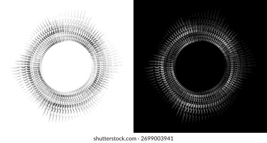 Linhas de ritmo de onda de som espiral abstrata dinâmica. Ritmo de onda de som espiral circular de linhas. Linhas abstratas futuristas circulares, fundo preto e branco.	