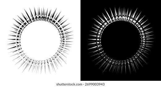 Linhas de ritmo de onda de som espiral abstrata dinâmica. Ritmo de onda de som espiral circular de linhas. Linhas abstratas futuristas circulares, fundo preto e branco.	