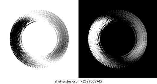 Linhas de ritmo de onda de som espiral abstrata dinâmica. Ritmo de onda de som espiral circular de linhas. Linhas abstratas futuristas circulares, fundo preto e branco.	