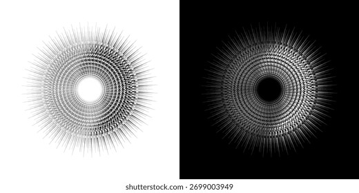 Linhas de ritmo de onda de som espiral abstrata dinâmica. Ritmo de onda de som espiral circular de linhas. Linhas abstratas futuristas circulares, fundo preto e branco.	