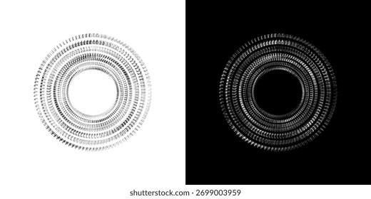 Dynamic abstract spiral sound wave rhythm lines. Circular spiral sound wave rhythm of lines. Circular futuristic abstract lines, black and white background.	