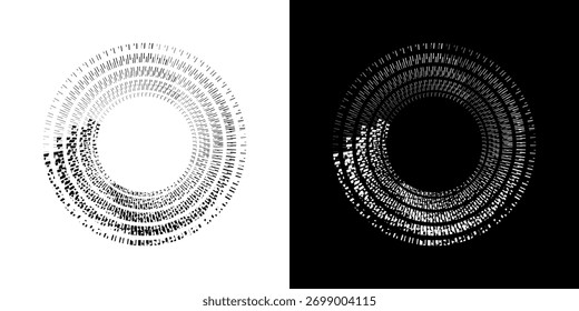 Linhas de ritmo de onda de som espiral abstrata dinâmica. Ritmo de onda de som espiral circular de linhas. Linhas abstratas futuristas circulares, fundo preto e branco.	